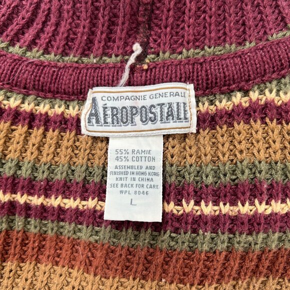 Vintage 90s Aeropostale Brown Striped Boho Granola Hooded Knit Grandpa Vest / L - Picture 7 of 8